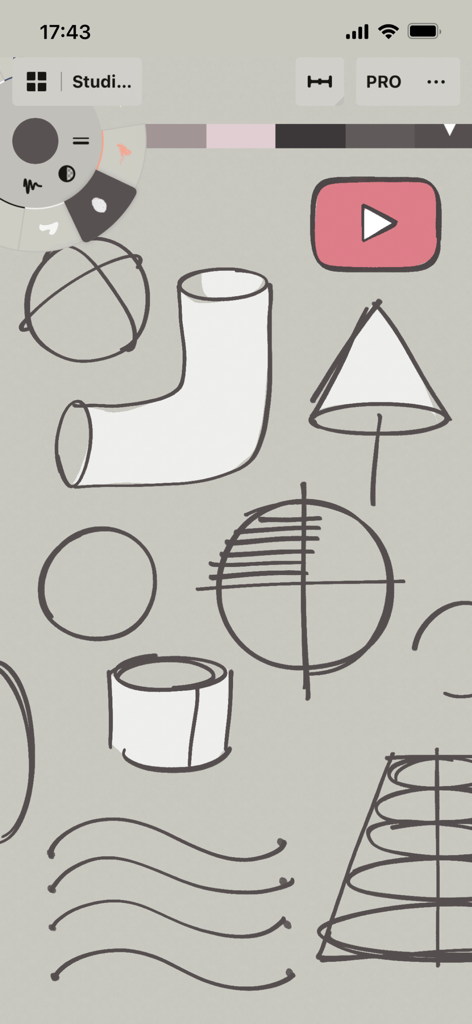 Concepts 앱의 기술 스케치 및 도구 휠 인터페이스.