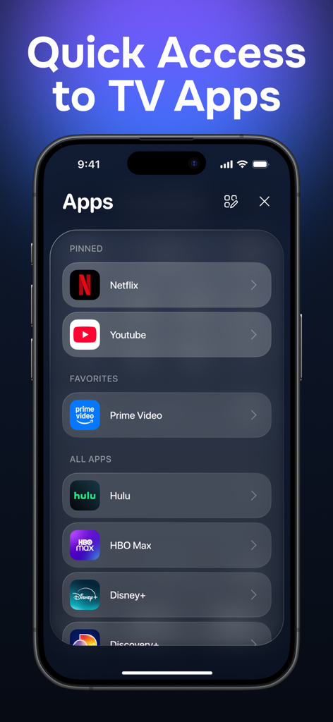 Universal TV Remote Control․ - Pantalla de iPhone mostrando la interfaz de la app RIMO con accesos directos rápidos a servicios de streaming como Netflix y YouTube.