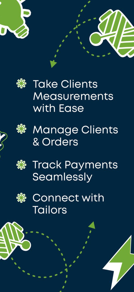 SewPRO - A list of features for the SewPRO app including taking measurements, managing orders, tracking payments, and connecting with tailors.