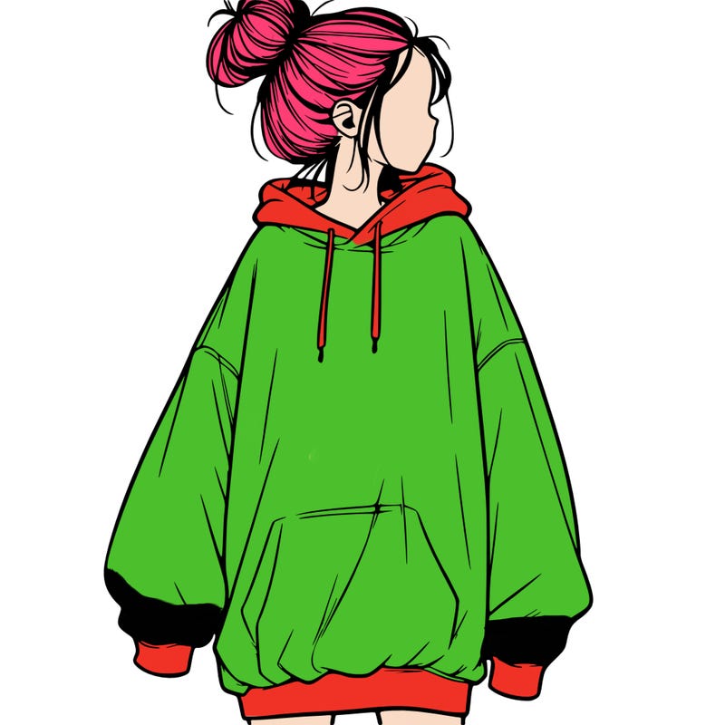 realistic girl with a oversized sweatshirt on and a bun