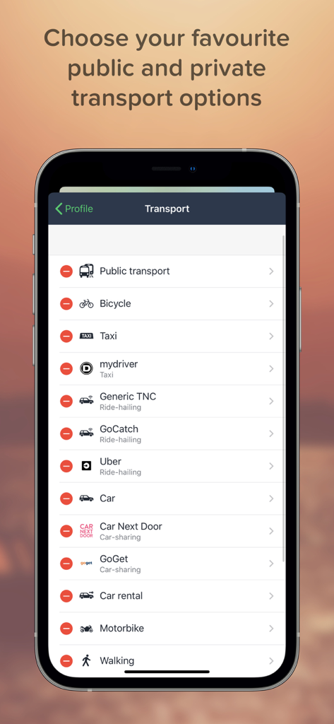 TripGo - A smartphone screen displaying the TripGo app transport mode selection menu with options for public transit, cycling, and ride-hailing