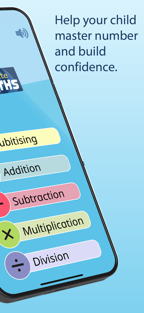 1-Minute Maths - A smartphone displaying the 1-Minute Maths app main menu featuring categories like Subitising, Addition, Subtraction, Multiplication, and Division.