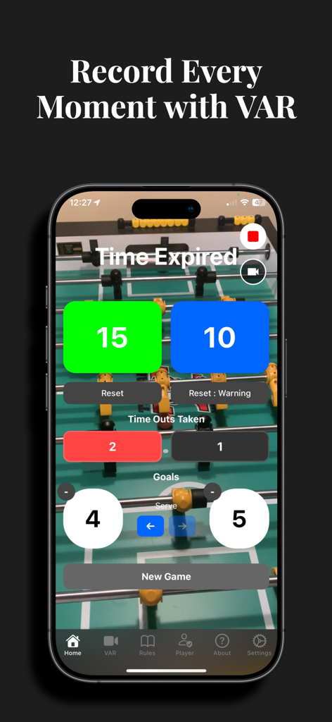 iRefFoos - iRefFoos mobile app interface showing foosball match statistics and VAR recording feature over a table soccer table.
