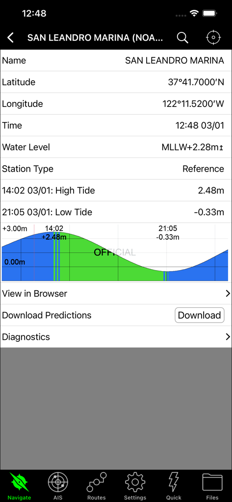 SEAiq USA app interface displaying tide predictions and station information for San Leandro Marina including high and low tide graphs