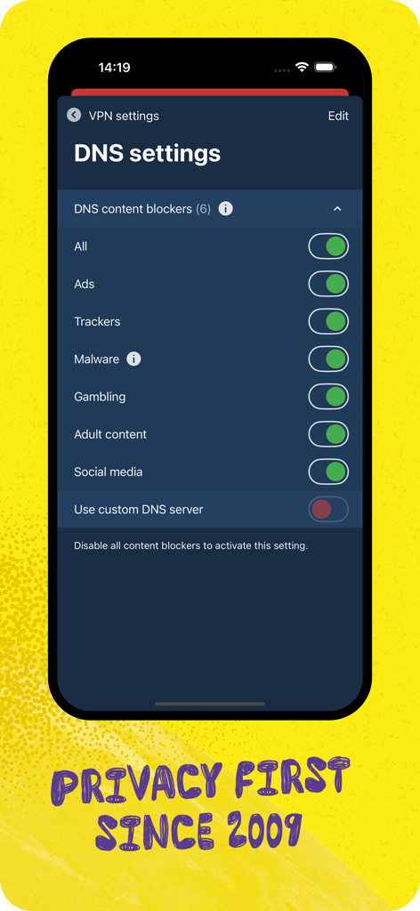 Mullvad VPN App-Oberfläche, die DNS-Inhaltsblocker-Einstellungen für Werbung, Tracker und Malware zeigt