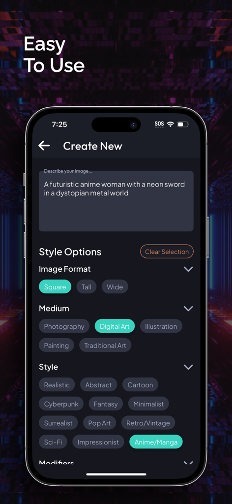AI Art Generator: Photo, Image - Interfaz de la aplicación AI Art Generator mostrando una indicación para una mujer de anime y varias opciones de estilo artístico.