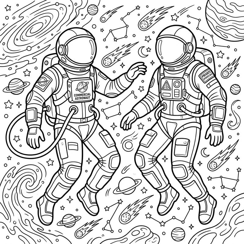 Embark on an interstellar journey with this captivating coloring page featuring two commercial astronauts exploring the cosmos. This design invites you to bring the wonders of space travel to life with your favorite colors.