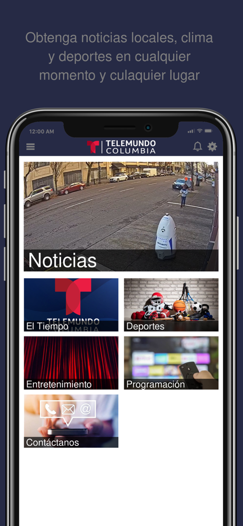 Telemundo Columbia WISTV-SP - Pantalla de inicio de la aplicación Telemundo Columbia que muestra categorías de noticias, clima, deportes y entretenimiento en español.