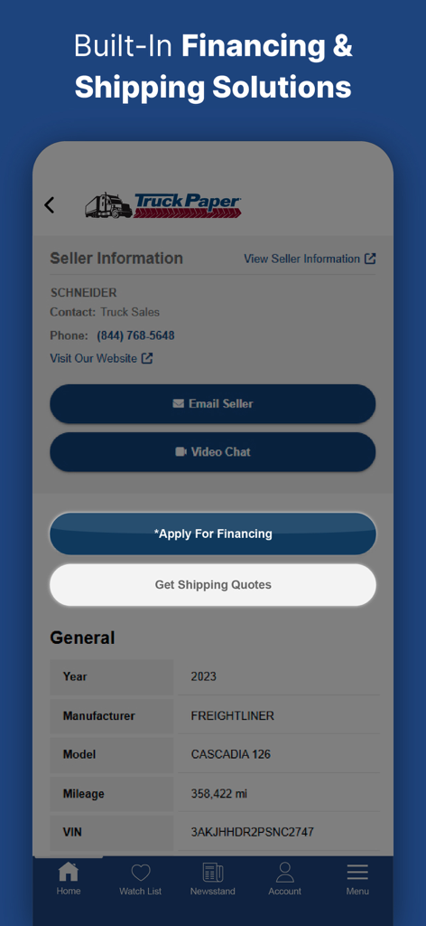 TruckPaper: Trucks For Sale - TruckPaper app screen showing financing and shipping solutions for a commercial truck listing