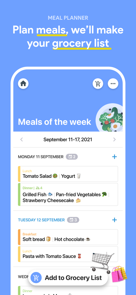 FamilyWall: Family Organizer - Interface do planejador de refeições semanal no aplicativo FamilyWall mostrando uma programação de refeições e um botão para sincronizar com uma lista de compras