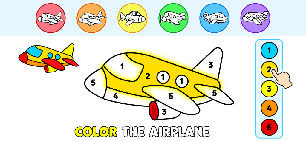 Toddler Educational Games - Toddler educational game screen featuring a paint by number airplane activity with colorful UI buttons.