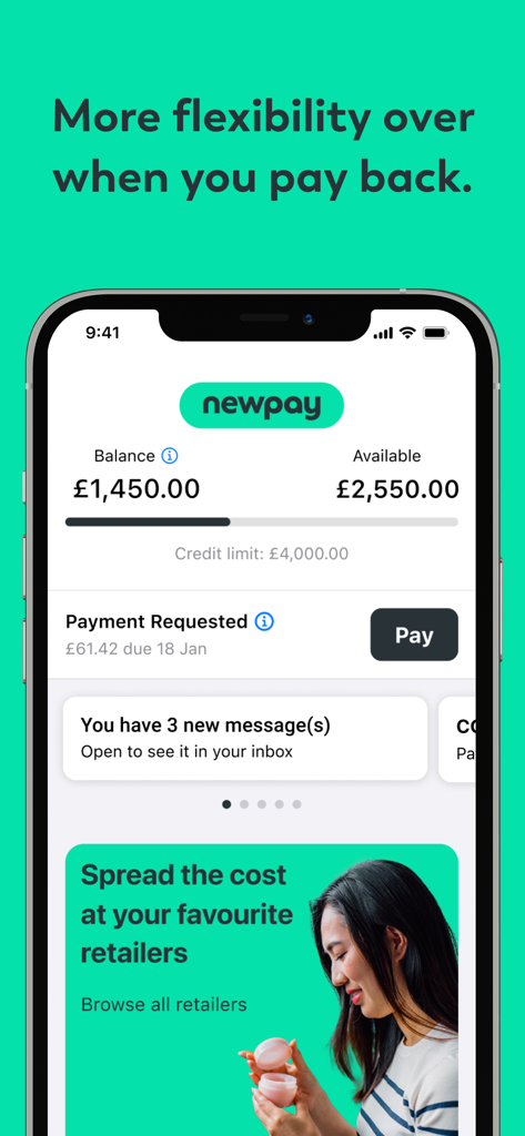 Newpay mobile app dashboard showing account balance available credit and payment due date