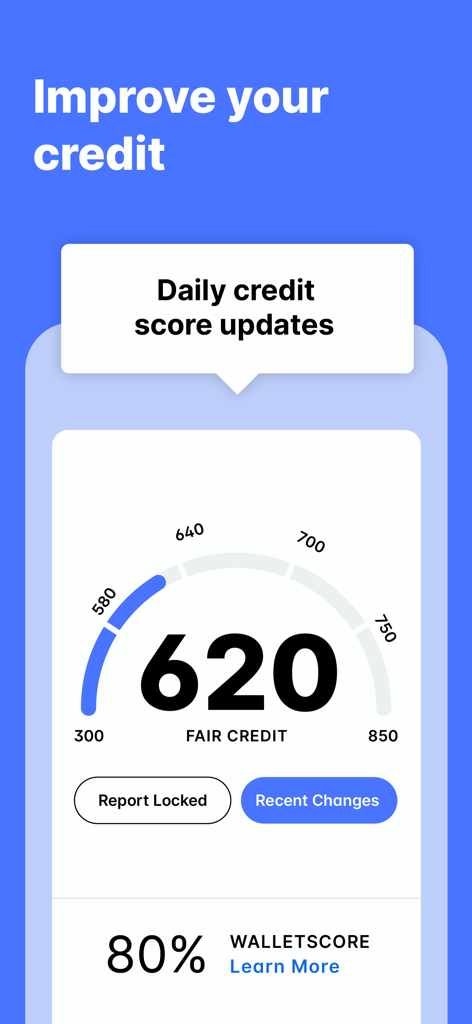 WalletHub app interface showing a 620 fair credit score and daily credit score updates
