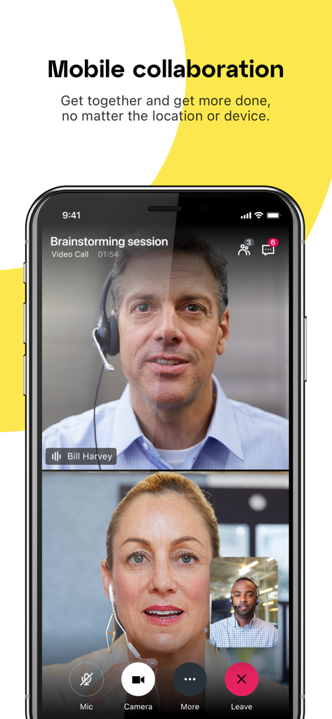 Interface mobile de l'application GoTo montrant une session de brainstorming professionnelle en appel vidéo avec trois participants.