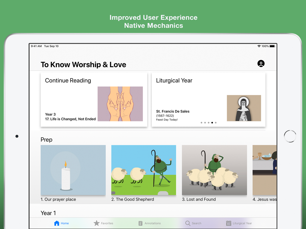 Pantalla de inicio de la aplicación de educación religiosa Serie KWL en un iPad que muestra módulos de enseñanza católica y menú de navegación.