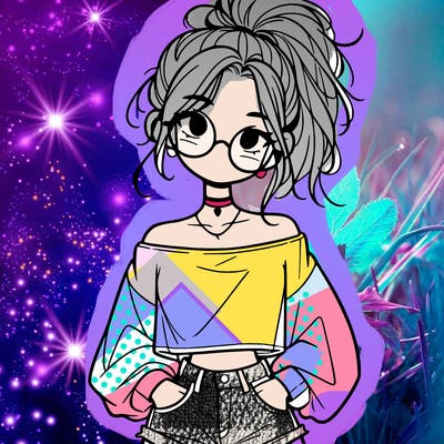 girl with a messy ponytail glasses a baggy crop top and jean shorts