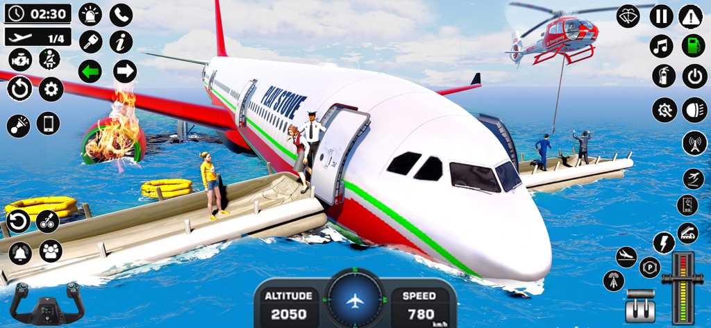 Un simulador de vuelo 3D que muestra un aterrizaje de emergencia en el agua con pasajeros evacuando y un helicóptero de rescate sobrevolando.