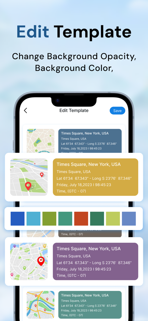 Écran de l'application montrant la fonctionnalité de modèle d'édition pour personnaliser la couleur et l'opacité des tampons de localisation GPS photo.