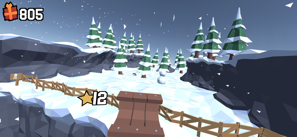 Jugabilidad de Snow Rider 3D que muestra un curso de montaña nevada de baja poligonización con pinos y un muñeco de nieve