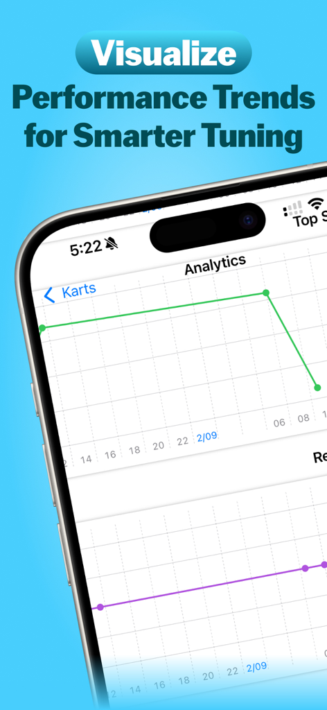 KartTrackerAI - 카트 레이싱 데이터에 대한 KartTrackerAI 성능 추세 및 분석 차트를 표시하는 iPhone 화면