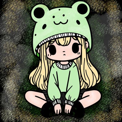a girl wearing a frog hat and some frog socks