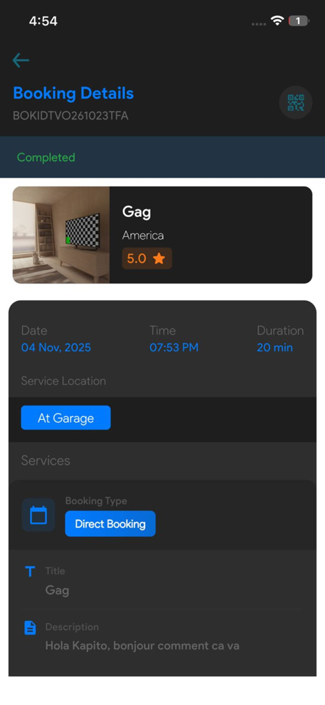Vue détaillée d'une réservation de service de véhicule terminée montrant la date et les informations du garage.