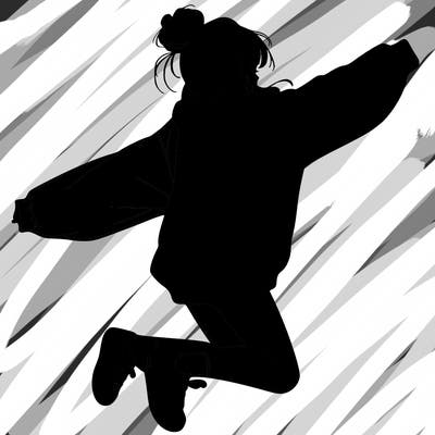 realistic girl jumping with a bun and oversized sweatshirt
