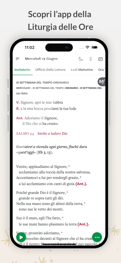 Interfaccia dell'app CEI Liturgia delle Ore che mostra il testo liturgico cattolico italiano e i controlli audio
