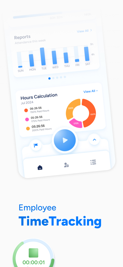 Meckano app interface displaying employee attendance reports and hours calculation charts