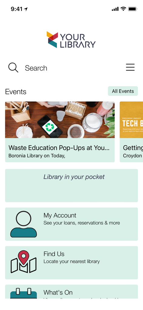 Your Library App - Your Library App home screen showing events and account management