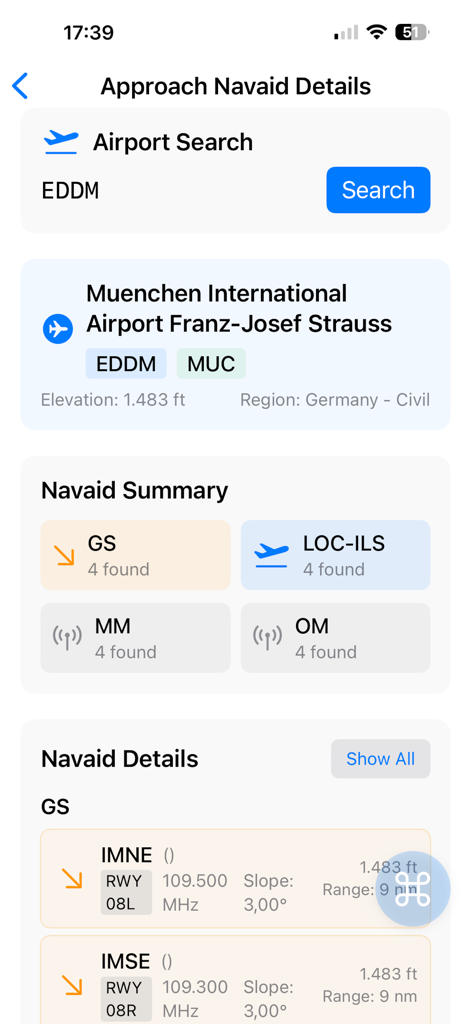 FlightMate – Pilot Tools - Approach navigational aid details for Munich International Airport showing glide slope and localizer information in the FlightMate app