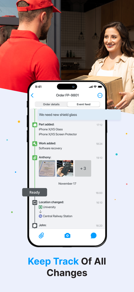 Orderry - Orderry mobile app showing a real time event feed for an order with parts added, work updates, and photo attachments