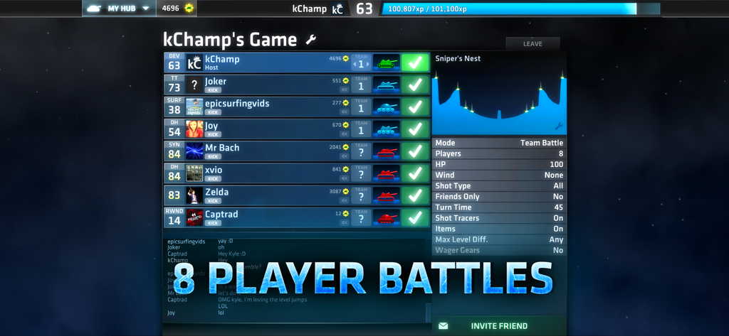 ShellShock Live game lobby showing an 8 player team battle setup with player levels and match settings.