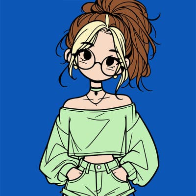 girl with a messy ponytail glasses a baggy crop top and jean shorts