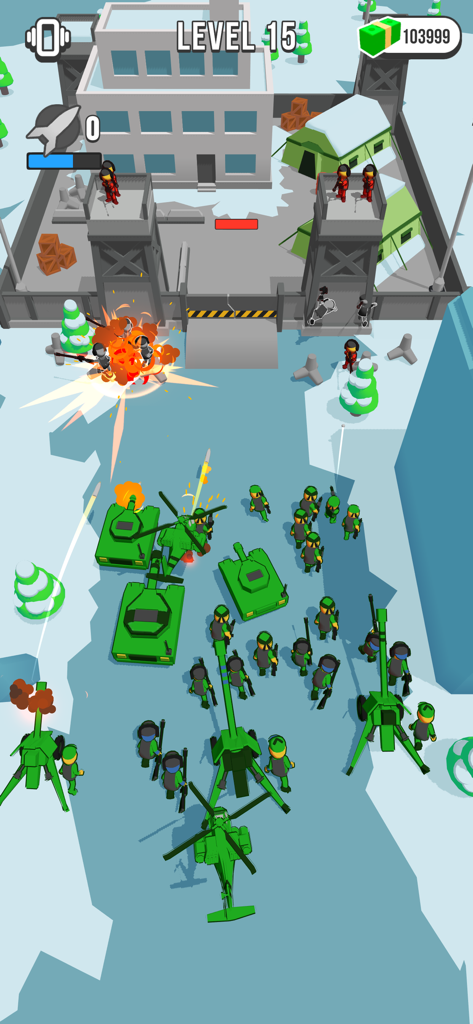 Epic Army Clash - Green army units including tanks and helicopters attacking a red enemy base in a snowy level of Epic Army Clash