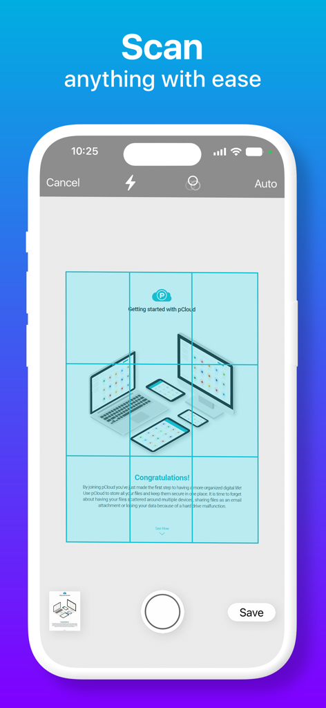 Smartphone-Bildschirm, der die Benutzeroberfläche des pCloud-Dokumentenscanners mit einem Aufnahmebereich anzeigt