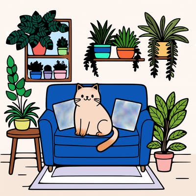 cat on a sofa in a room full of plants