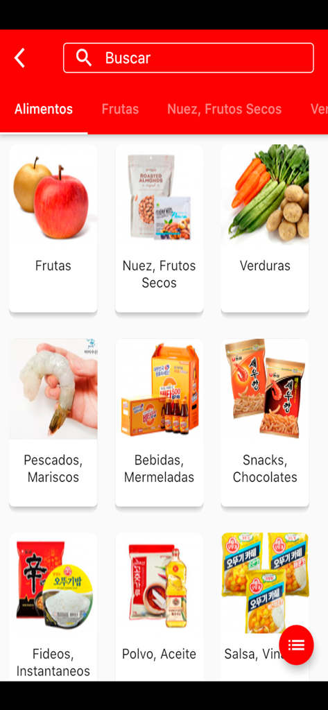 Shopp Oriental - Pantalla de la aplicación móvil Shopp Oriental mostrando categorías de comida coreana como snacks, fideos y productos frescos