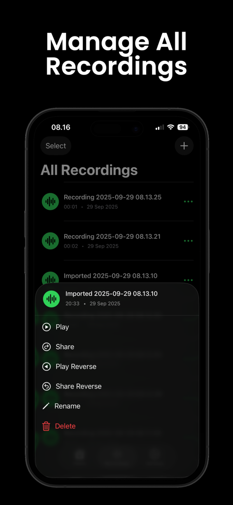 Reverse Audio · - A screen in the Reverse Audio app showing a list of voice recordings and a menu with options to play or share them in reverse