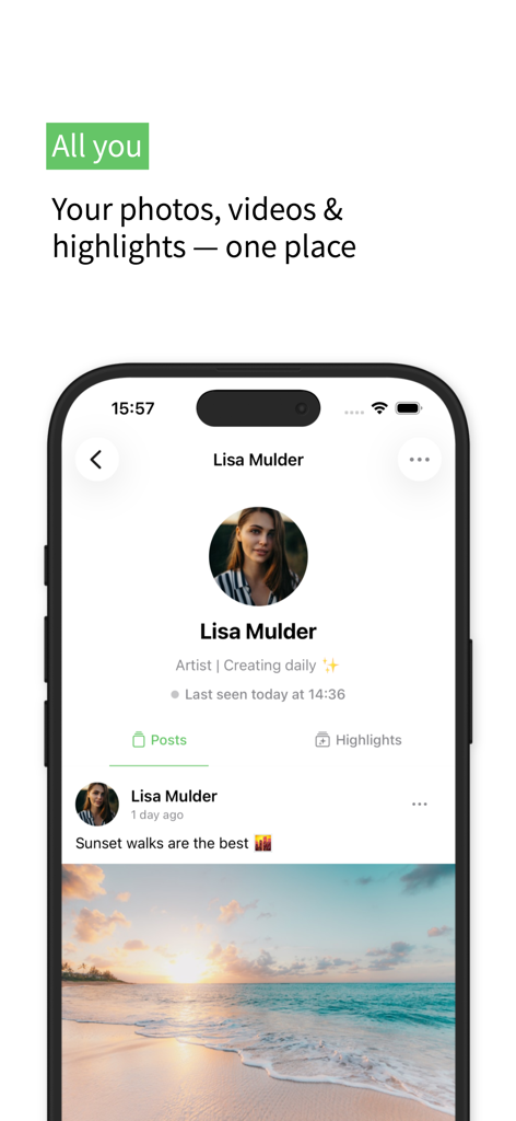Ciao: Share with who matters - Página de perfil de usuario de la aplicación Ciao para Lisa Mulder mostrando una foto del atardecer y destacados.