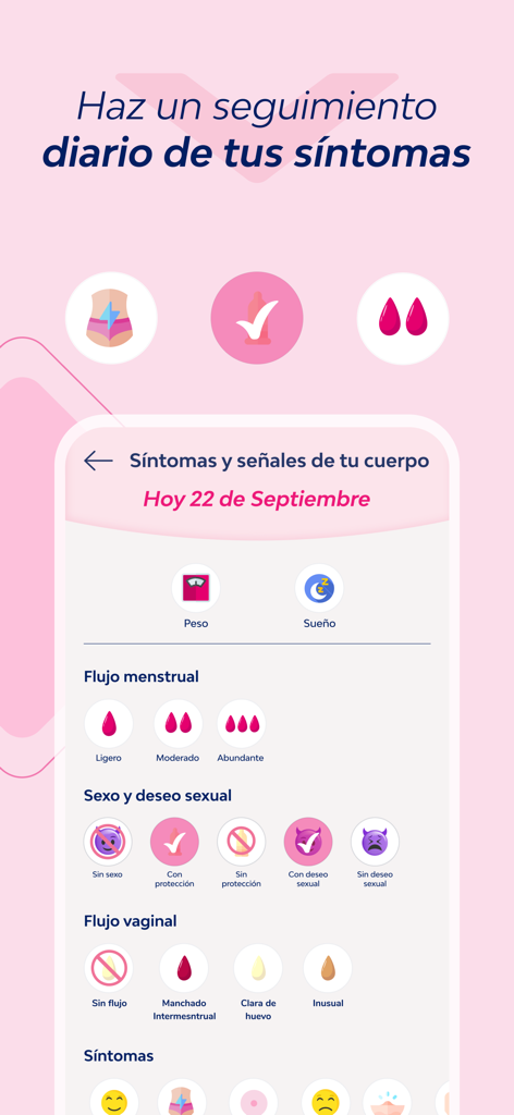 Nosotras V-App - Nosotras V-App interface for tracking daily symptoms and menstrual flow in Spanish