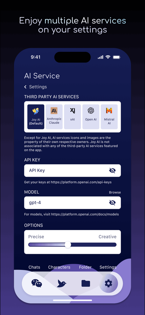 Joy AI - Joy AI app settings screen showing third-party AI provider selection with API key input and model configuration