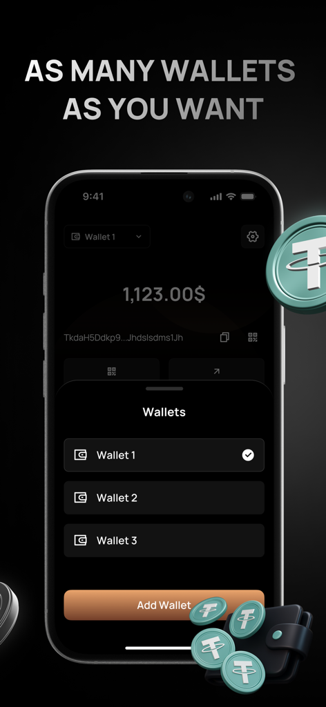FG Walletアプリ内で複数のUSDTウォレットを作成および管理できる機能を示すモバイル画面
