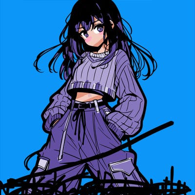 anime teen girl with baggy pants and crop top with sweater