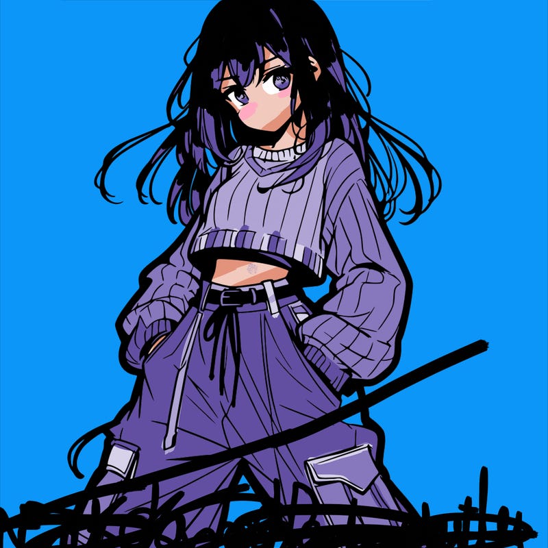 anime teen girl with baggy pants and crop top with sweater