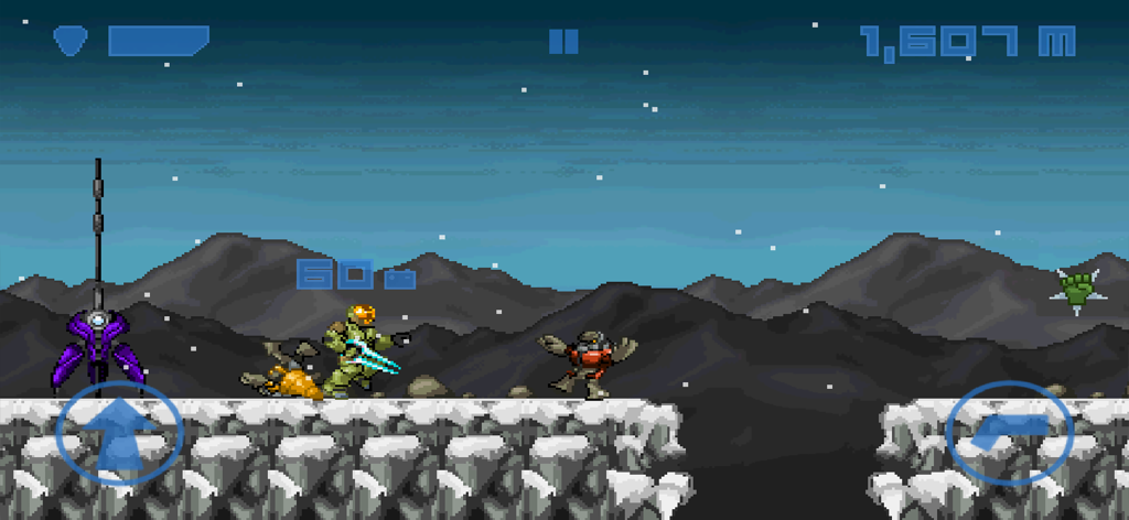 Spartan Runner. - Spartan Runner gameplay showing a 2D pixel art character with an energy sword fighting an alien