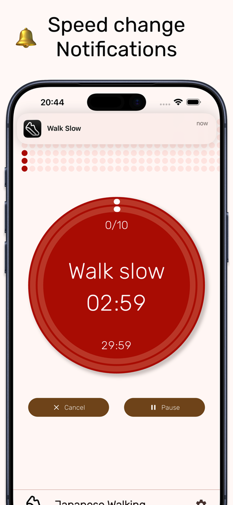 Smartphone screen showing the Japanese Walking Timer app with a walk slow notification and interval timer