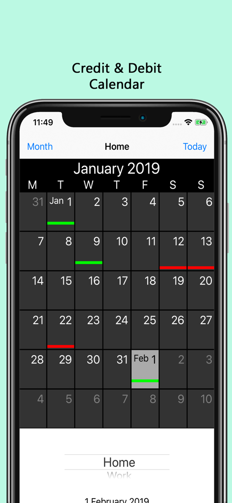 xMoney - Personal Finance - xMoney App Kredit- und Debitenkalender zur Verfolgung monatlicher Ausgaben und Einnahmen.