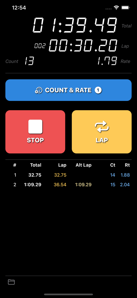 Stroke Rate Stopwatch - Main interface of the Stroke Rate Stopwatch app showing large timing buttons and a detailed lap data table with swimming stroke metrics