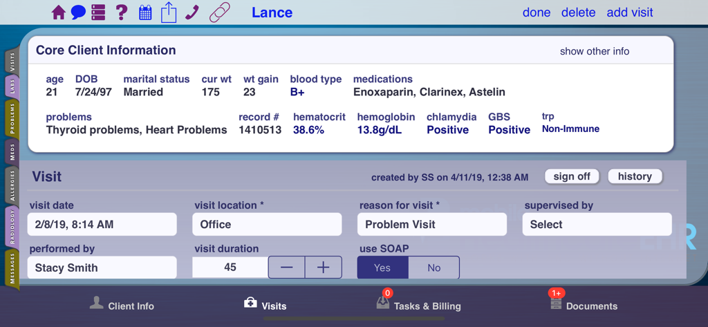 Mobile Healthcare EHR - Patient core information and visit details screen in the Mobile Healthcare EHR iPad app